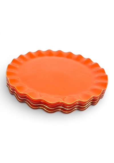 Sudedi Home Gerçek Altın Yaldızlı Cam Pasta Tabağı 21 Cm Turuncu 4 Kişilik Set Turuncu