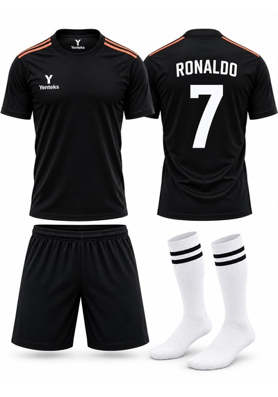 Yenteks Ronaldo Yazılı Siyah Çocuk Forma Seti Çorap Hediyeli Siyah - Gri