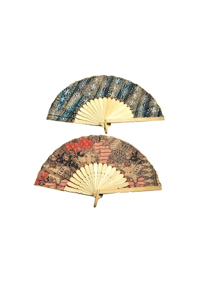 Endonezya Batik Kumaş Bambu Ahşap Yelpaze 27 Cm El Yapımı Vintage Japon El Fanı Büyük Boy 2 Adet