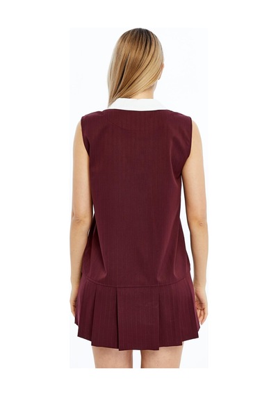 Selectmoda Kadın Çizgili Düğmeli Kolsuz Elbise Bordo