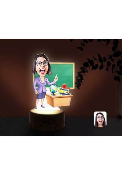 Kişiye Özel Kadın Öğretmen Karikatürlü Dekoratif 3D Biblo Led Işı (481501265)