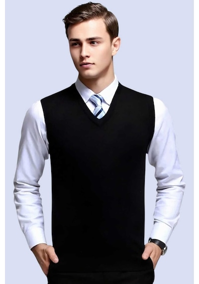 Tezzgelsin Erkek V Yaka Triko Tüylenmez Süveter Erkek Slim Fit Süveter Siyah
