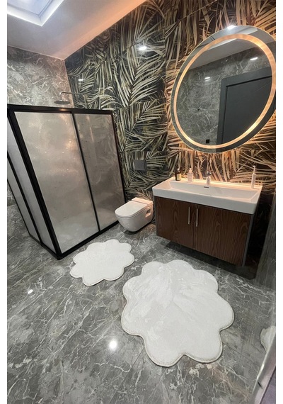 2'li Papatya Banyo Paspası Takımı Kaymaz Taban Yıkanabilir Peluş Pofuduk Post 80x80 - 100x100 Beyaz Beyaz