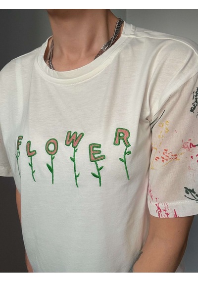 Ali Butik Ekru Flower Baskılı Tişört Ekru