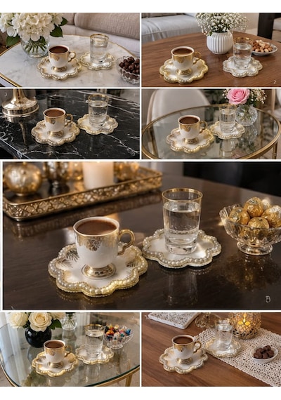 Kahve Sunum Pedi El Yapımı İnci Ve Gold Detaylı 15x15 Ölcü 5 Adet