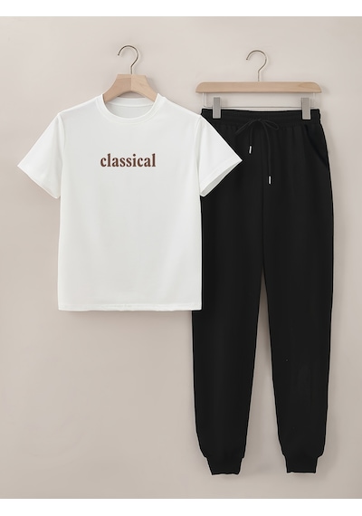 Uyguntarz Unisex Classical Baskılı Alt - Üst Eşofman Takımı Beyaz