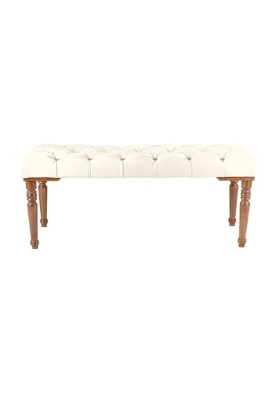 Gazzini Classic Torna Gürgen Ahşap Ayak Chester Model Kapitoneli Beyaz Puf Bench - Ceviz Ayak