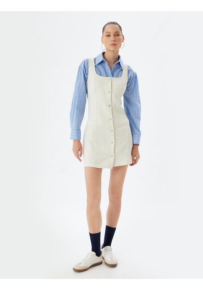 Koton Tüvit Jile Elbise U Yaka Kalın Askılı Düğmeli Cep Detaylı Slim Fit Ekru 5wal80018ıw