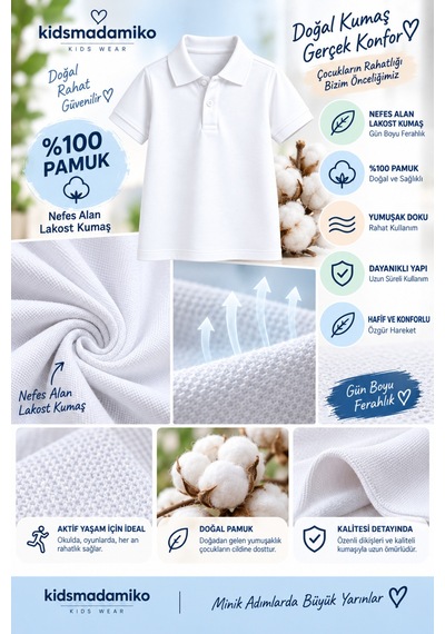 Kidsmadamiko Erkek Çocuk Kısa Kollu Okul Polo Yaka T-shirt 5-17 Yaş Bedenler Yaşlarla BEYAZ