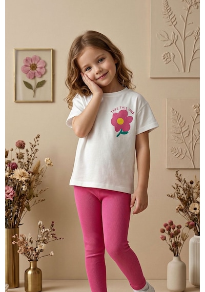 Zuzunga Cute Flower Baskılı Kız Çocuk Takımı Pembe Taytlı Fuşya