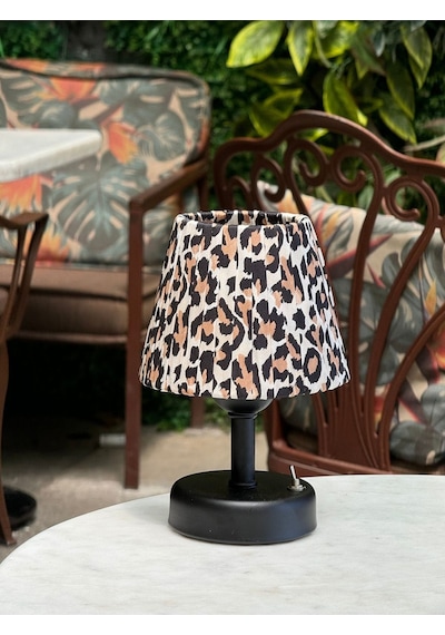 Leopar Desenli İpek Saten Siyah Ayaklı Tasarım Kablosuz Gece Masa Lambası