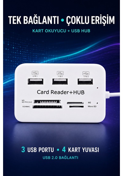 Usb 2.0 Çoklayıcı Hub 3 Port 4 Slot Kart Okuyucu Sd Micro Sd Mmc Ms 480 Mbps Tak Çalıştır Beyaz Abs