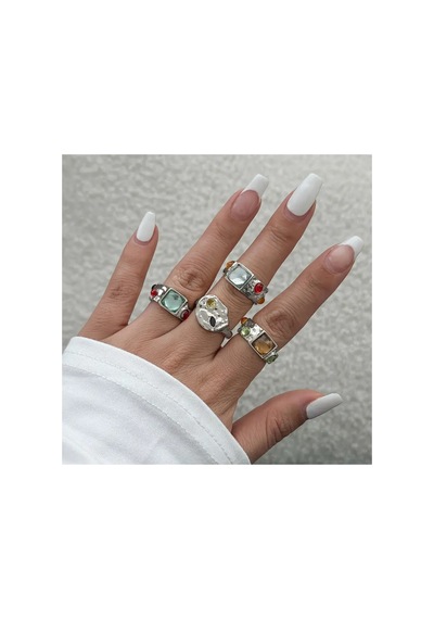 Umbre Gümüş Renkli- 4 Adet Renkli Taşlı Şık Tasarım Vintage Çoklu Ayarlanabilir Silver Yüzük Seti