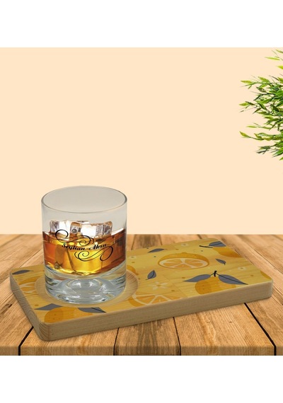 Kişiye Özel Limon Tasarımlı Doğal Ahşap Tabaklı Viski Bardağı Sunum Seti Model 2