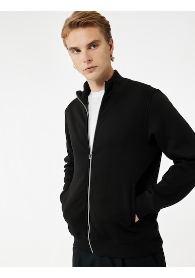 Koton Şardonlu Uzun Kollu Cep Detaylı Basic Fermuarlı Sweatshirt Siyah 6wam70019mk Siyah