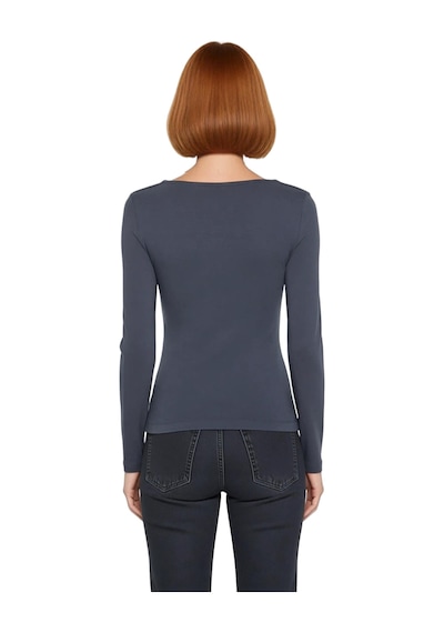 Ersefa Moda Kare Yaka Örme Slim Düz Desen Casual Günlük Regular Uzun Kol Antrasit