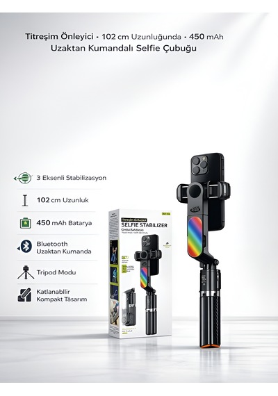 450 Mah Rgb Led Işıklı 102 Cm Titreşim Önleyici Gimbal Tripod Selfie Çubuğu Bluetooth Kumandalı