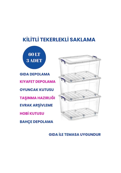 60 Litre Kilitli Tekerlekli Saklama Kabı Şeffaf Gıda Depolama Kutusu, Oyuncak Kıyafet Düzenleyici ŞEFFAF
