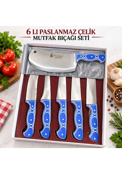 6'lı Paslanmaz Çelik Mutfak Bıçağı Seti Mavi