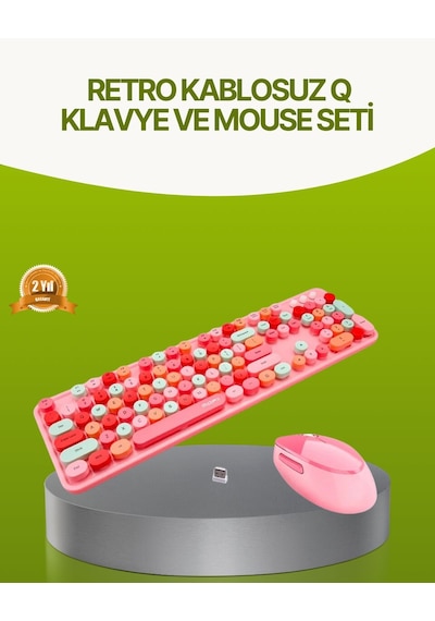 Bluetooth Retro Kablosuz Klavye Ve Mouse Seti 3 Cihaz Bağlantılı Sessiz Tuş Uzun Pil Ömrü Lazer