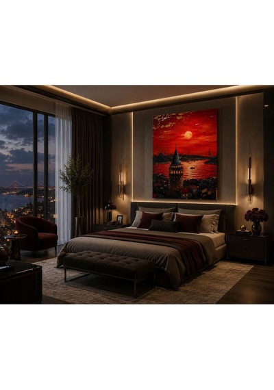İstanbul Esintili Kızıl Gün Batımı Şehir Silüeti Kanvas Tablo Premium Dokulu Modern Duvar Dekoru Salon, Ofis, Çalışma Odası Ve Lüks Yaşam Alanları İçin Dekoratif Tablo