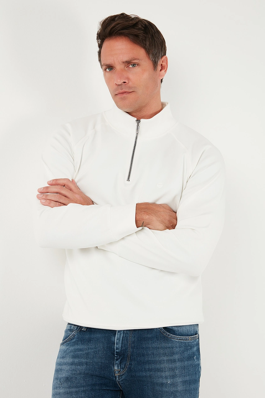 Buratti Pamuklu Relaxed Fit Yarım Fermuarlı Dik Yaka Erkek Sweat 5901232 Ekru