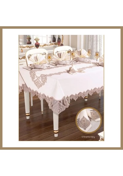 Kahveci.store Kartanesi Gardenya Keten Krem-kapiçino 12 Kişilik 26 Parça Çeyizlik Şık 160x220 Cm Masa Örtüsü 22