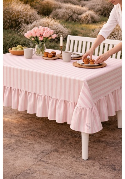 Buldan Keteni Fırfırlı Vintage Pembe Çizgili Masa Örtüsü Çok Renkli