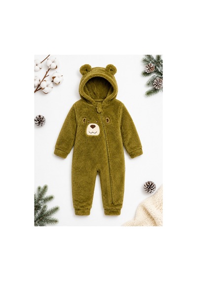 Tatlı Ayıcık Nakışlı Welsoft Peluş Kapüşonlu Fermuarlı Kışlık Unisex Bebek Tulumu Haki