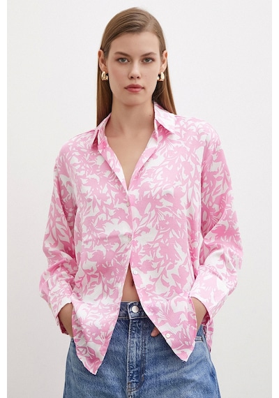 Never More Desenli Gofret Saten Gömlek Pembe Pembe