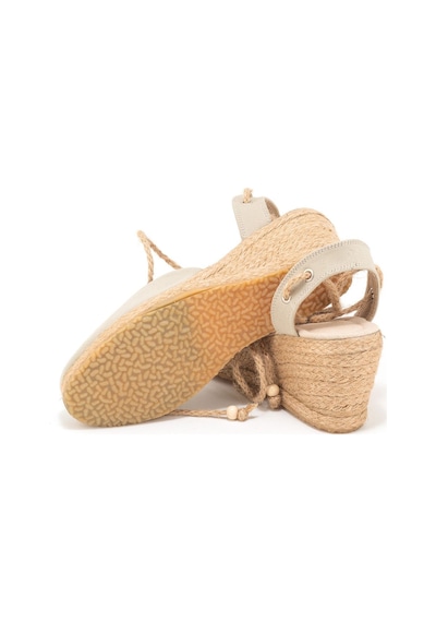 Star Tombis Gerçek Elişi Topuğu Açık Bilekten Bağlamalı Bej Dolgu Topuk Keten Hasır Espadril Handmade Bej