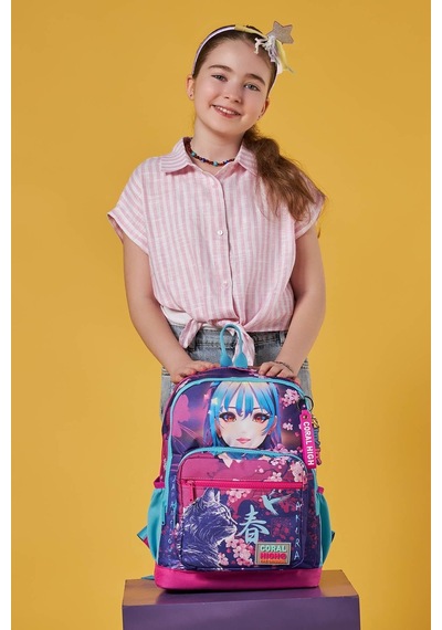 Coral High Dört Bölmeli Mor Pembe Anime Kedi Desenli İlkokul Sırt Çantası - Kız Çocuk