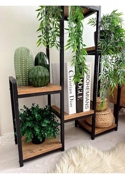 Garden 6 Raflı Metal Saksılık Dekoratif Metal Raflı Ahşap Çiçeklik Matkapsız Kurulum Metalik Mat Siyah