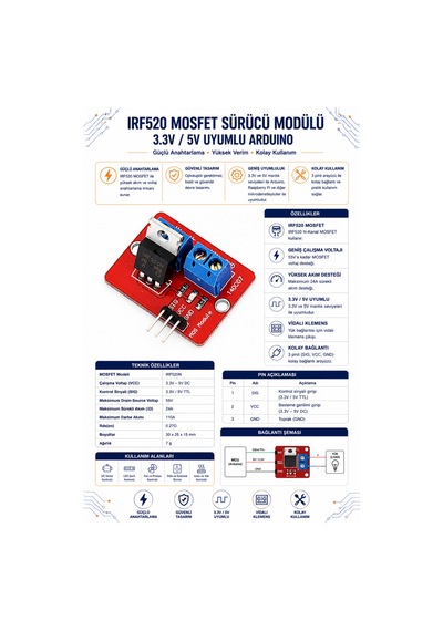 Irf520 Mosfet Sürücü Modülü - 3.3v/5v Uyumlu, Arduino