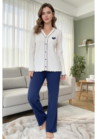 Bella Notte Kalp Detaylı Nakışlı Bej - Lacivert Uzun Kollu Pijama Takımı