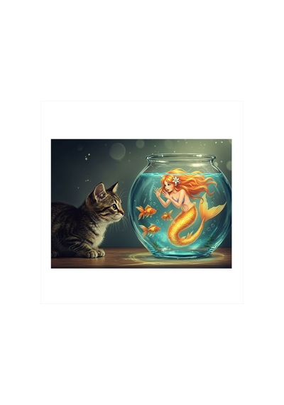 Akvaryumlu Denizkızı Ve Yaramaz Kedi Model Ahşap Tablo