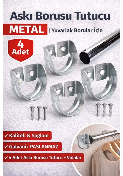 Krom Oval Boru Askı Flanşı Gardırop Dolap İçi Askılık Boru Aparatı Mobilya Uyumlu 4 Adet Set Gümüş