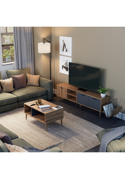 Mezza Set 1581-2070 Exxen 180 CM (AHŞAP AYAKLI) Tv Ünitesi Orta Sehpa Seti Ürgüp-Antrasit Rengi
