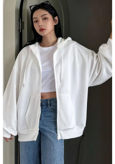 Cool Tarz Unisex Beyaz Fermuar Kapüşonlu Sweatshirt Beyaz Beyaz