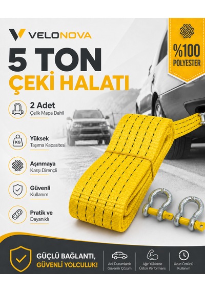 5 Ton Çekme Halatı 3 Metre 5 Cm 2 Adet Omega Kilitli Çelik Mapa Ce Belgeli %100 Polyester Araç Kurtarma Halatı Sarı