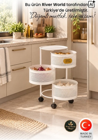 River World Tekerlekli Rengi Beyaz Açılabilen 3 Katlı Çok Amaçlı Metal Raf Mutfak, Balkon, Kiler Çok Renkli