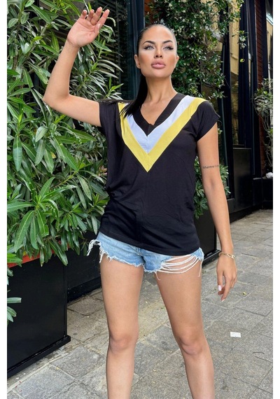 Kadın Siyah V Yaka, Kısa Kol, Color Block Detaylı, Terletmez Dokulu Kumaş, Salaş Bluz, Tshirt SIYAH