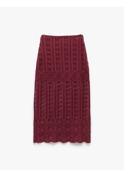 Koton Pamuklu Slim Fit Ajurlu Midi Boy Kroşe Etek Bordo 5sak10340ek Bordo