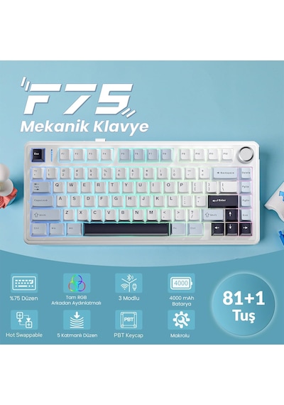 Aula F75 Mekanik Rgb Tkl Ice Vein Switch Kablosuz Makrolu Hot Swap Klavye Lacivert