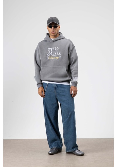 Vamos Oversize Nakış Baskılıkapüşonlu Sweatshirt Füme
