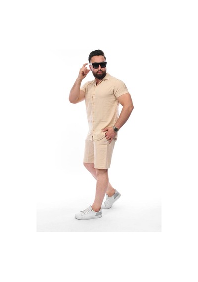 Mcz Giyim Keten Bej Renk Slim Fit Erkek Şort - Gömlek Alt Üst Takım