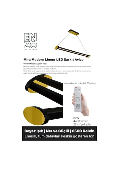 Mira Gold Lineer Led Sarkıt Avize Kumandalı Dim Edilebilir Aşağı Işık Beyaz Işık