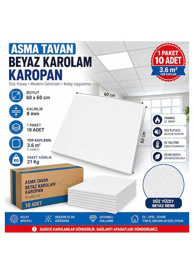Knauf Asma Tavan Beyaz Karolam Karopan 60x60 Cm 1 Pakette 10 Adet 3.6 M2 Yer Kaplar 21 Kg 60x60cm