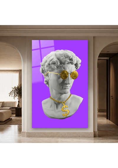 Altın Para Gözlüklü Pop Art Büst Çerçevesiz Cam Tablo