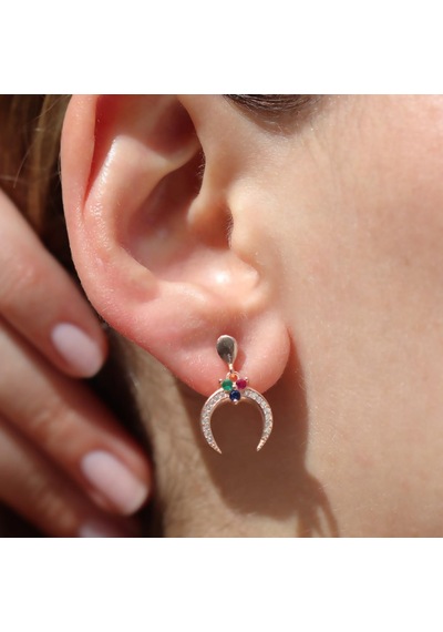 Rose Gold Kaplama Renkli Zirkon Taşlı Ay Modeli Gümüş Küpe Gümüş